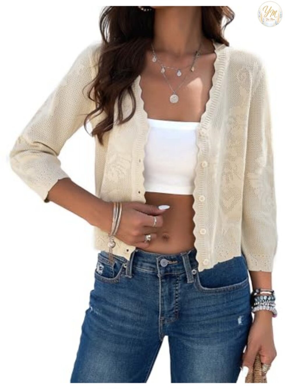 Crochet Crop Cardigan 3/4 Sleeve Button Up Shrug Lightweight Knit